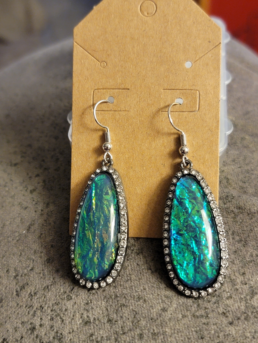 Handcrafted Blue-Green Teardrop Earrings with Crystal Halo